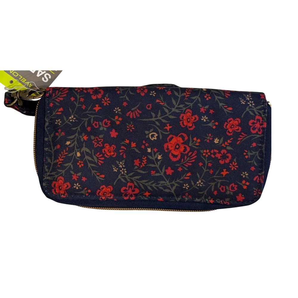 Travelon Safe ID RFID Blocking Floral Wristlet Wallet Navy Red Canvas NWT